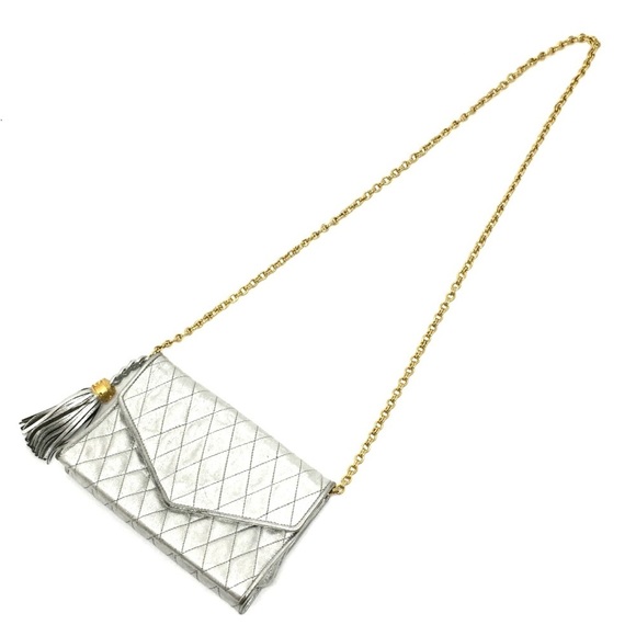CHANEL Quilted Matelasse Chain Pochette Bag Silver x Gold Hardware - Picture 12 of 13